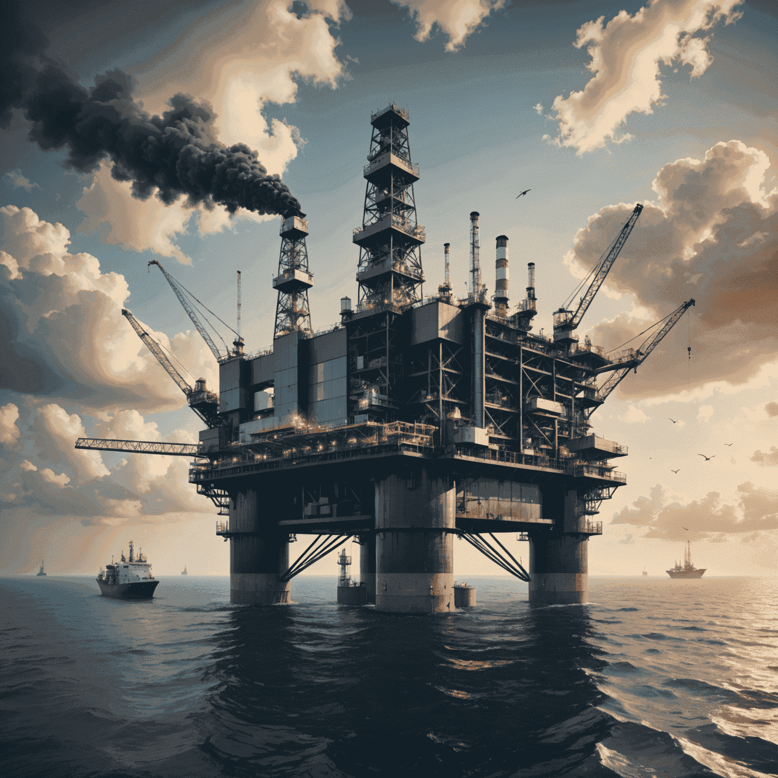 Imagen de una plataforma petrolera con superposición de gráficos de datos y símbolos ambientales, representando el análisis de big data para la evaluación del impacto ambiental en la industria petrolera